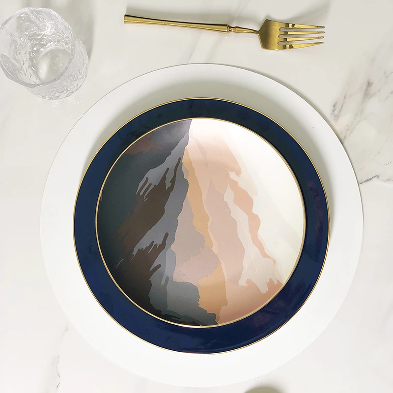 Luxury restaurant stoneware ceramic plates dishes 8inch gold rim mate porcelain dish