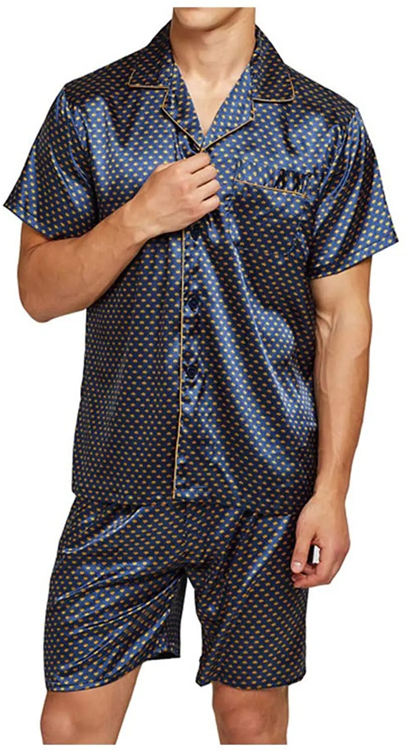 rounded neck Summer Satin Silk Pajamas Shorts Male Pajama Set Soft Nightgown for Men Silk Sleepwear Men sporting Sleepwear