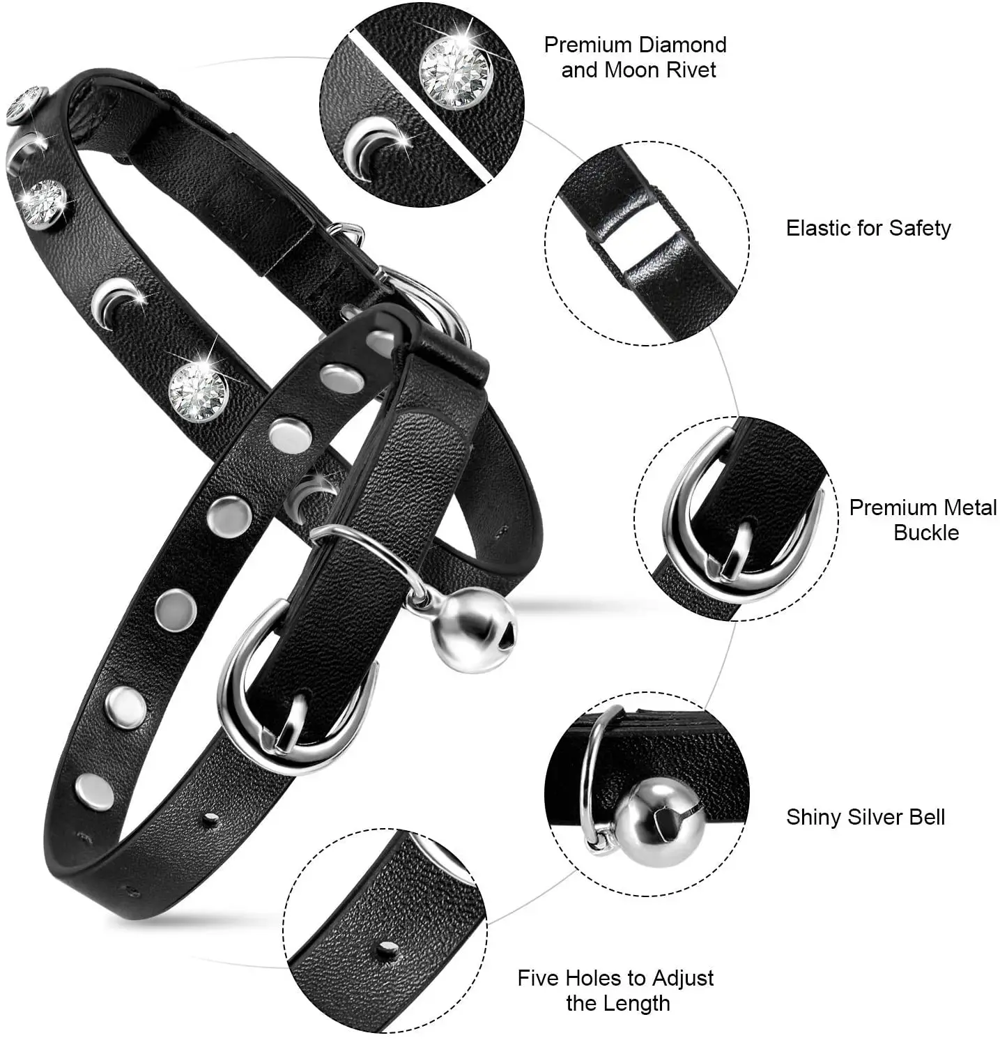 Great Soft Leather Durable Leather Cat Collar Pet Collar Accessories with Premium Diamond & Moon Rivet