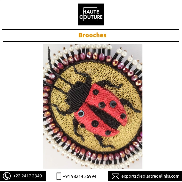 Genuine Quality Oval Shape Handmade Fashion Jewelry Thread Embroidered Red Lady Bug Beetle Brooch for Women from India