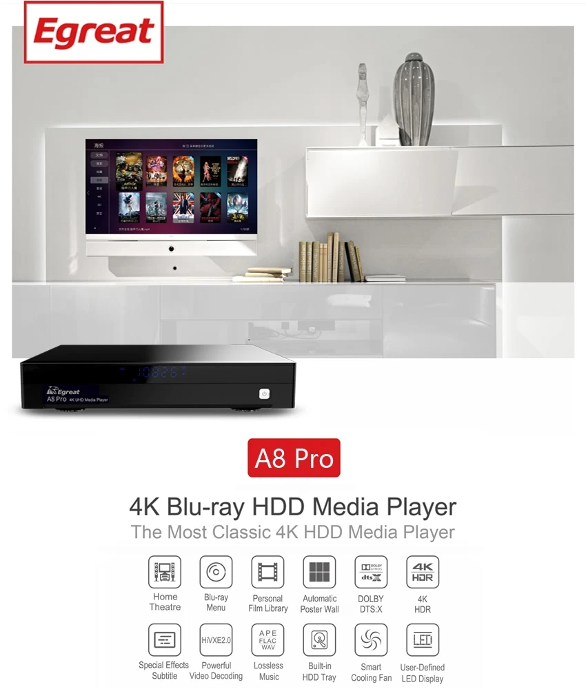 Egreat A8 Pro 4K UHD HDD + плеер с поддержкой Blu-Ray привода воспроизведение 3D-фильмов встроенный NSS 3,5 'HDD SATA лоток Android 7,0