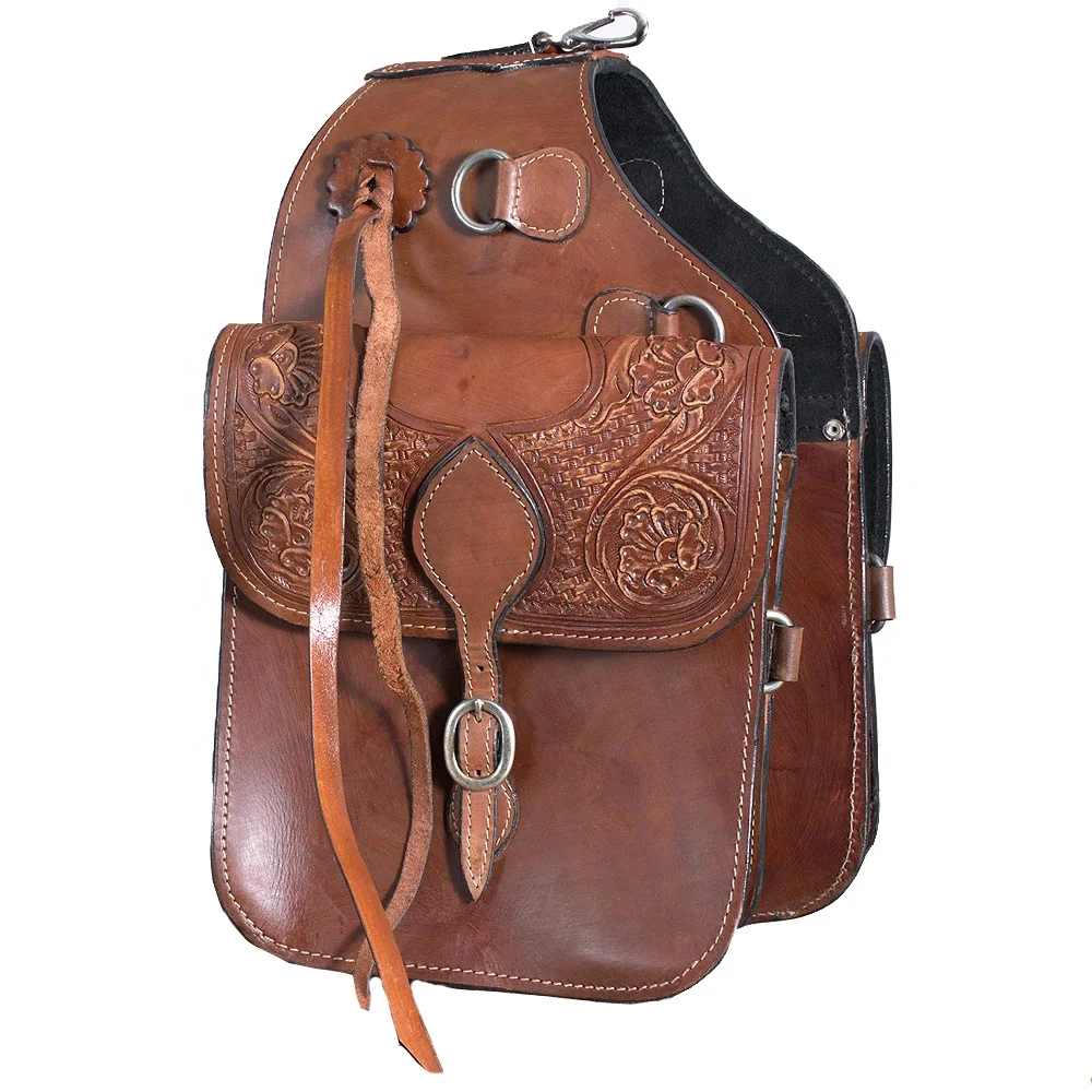 Premium Leather Custom Multifunctional Showman Floral Tooled Leather Cowboy Horse Saddle Bag Wholesale