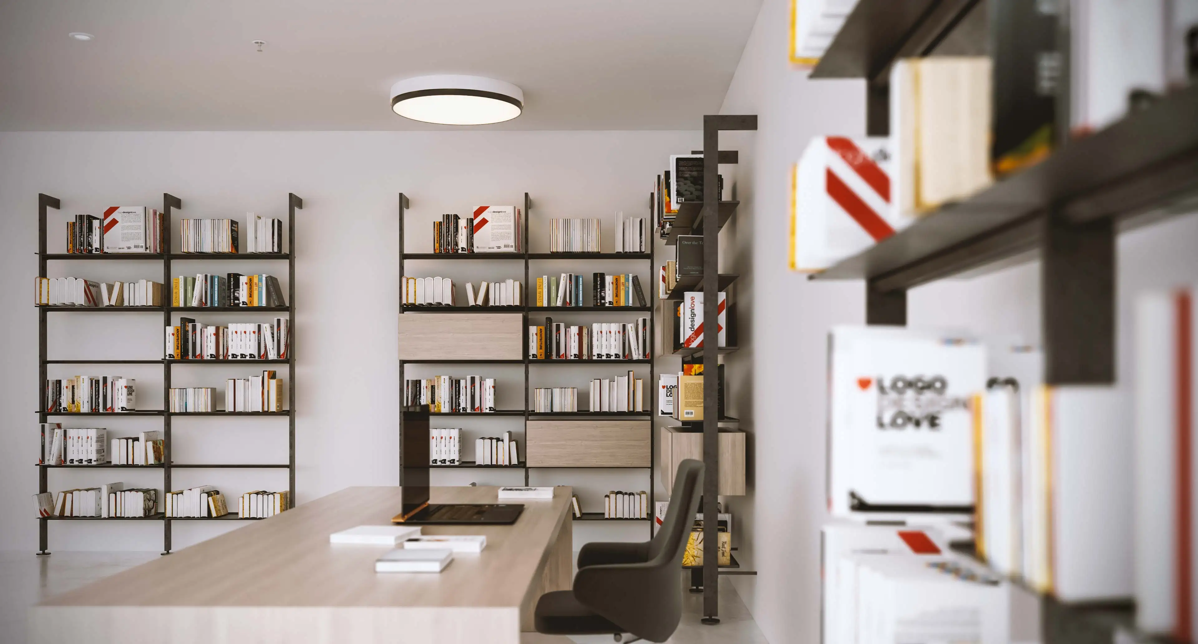 Top quality black H 238 L 240 cm wall-mounted bookcase with metal or wooden shelves for office