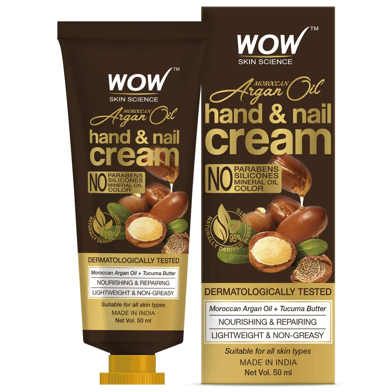 WOW Skin Science Moroccan Argan Oil Hand & Nail Cream - Nourishing & Repairing - Lightweight & Non-Greasy - Quick Absorb - 50ml