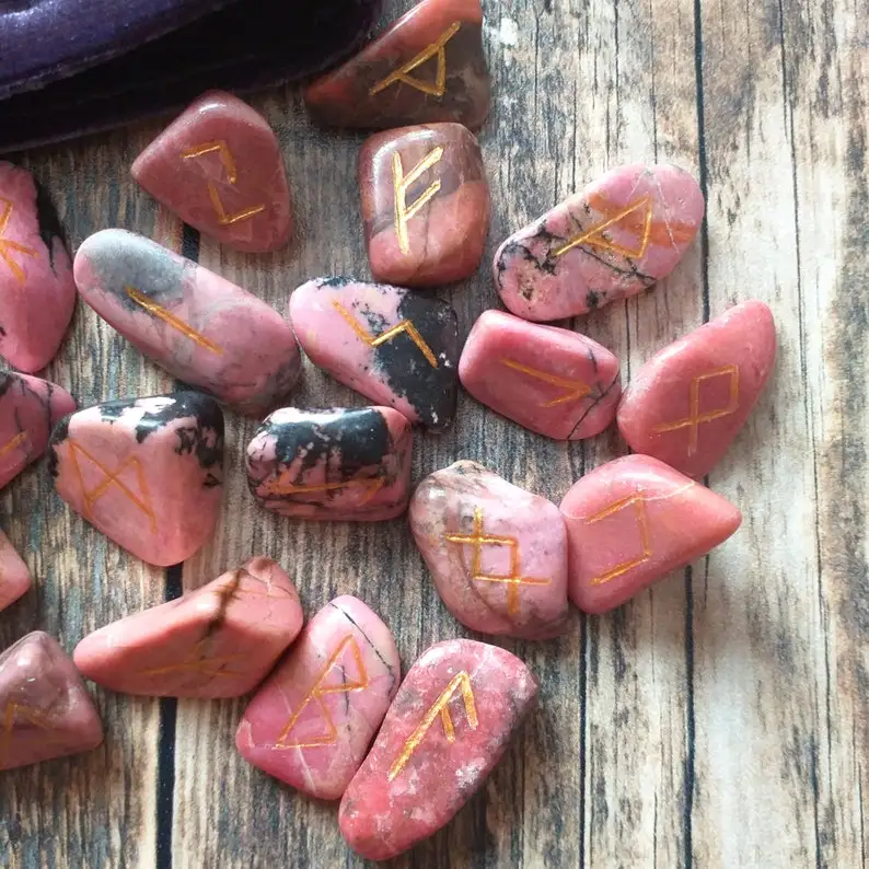 Rhodonite 25 Pcs Crystal Elder Futhark Rune Set Reiki Healing Chakra Balance Engraved Letter Handmade Gemstone Alfazal Agate