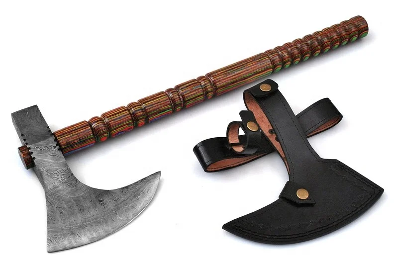 Brand New Custom Made Damascus Steel Tomahawk Axe Hatchet with Multiple colour Wood Handle