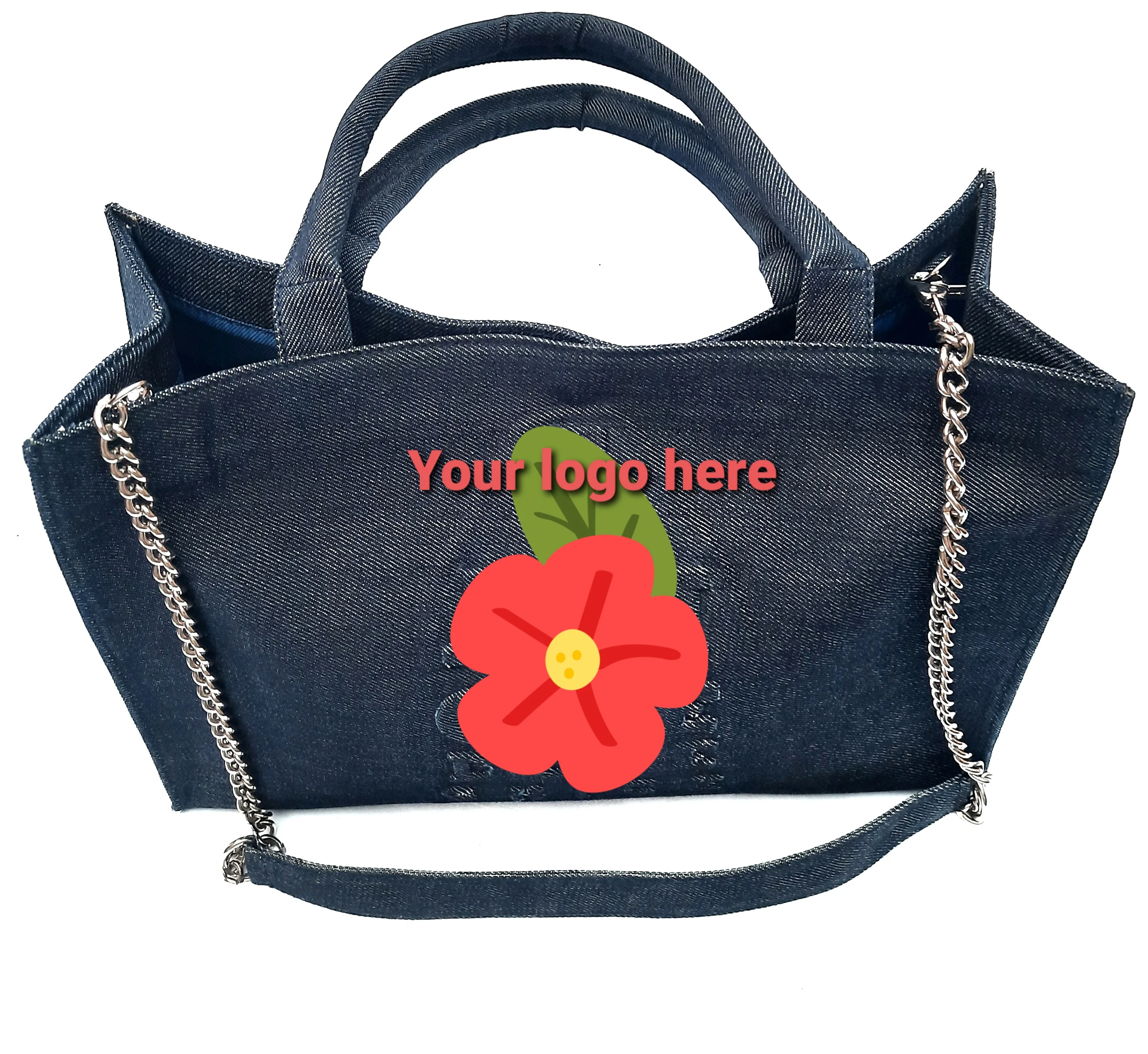 Modern Embossed Logo Blue Jeans Denim Women Handbag Large Messenger Ladies Shoulder Tote Bags Long Chain & Strap Washable Bags