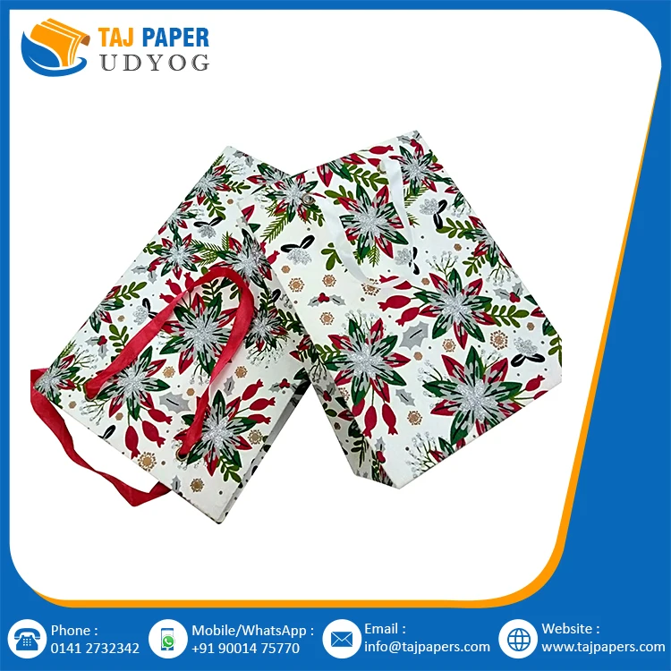 Customized Printed Ribbon Handle Paper Bags White Green Design Gift Use Eco Friendly Handmade Decorative Flower Paper Bag Gift