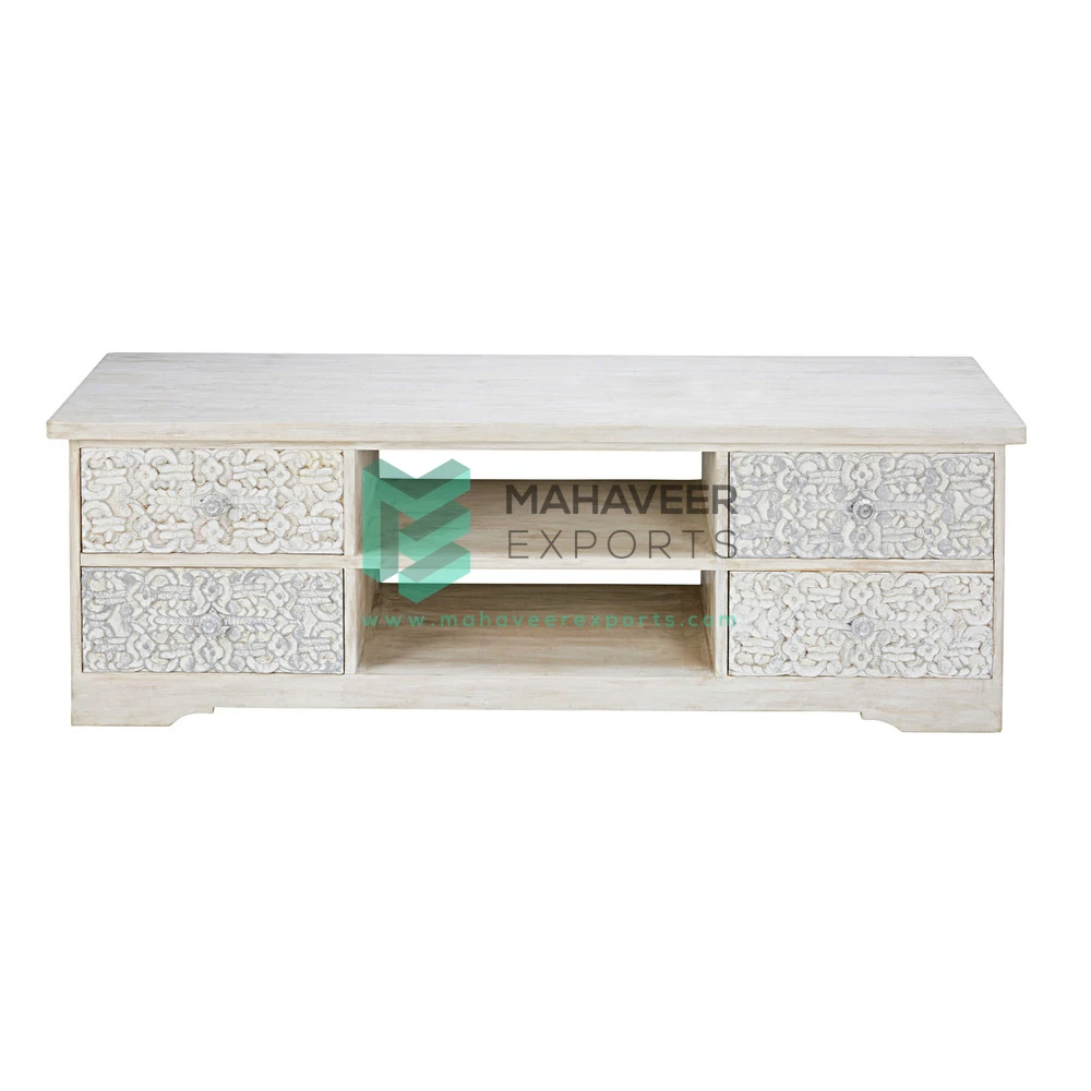 Modern White Distressed Finish Carved Living Room Plasma Tv Stand / Tv Cabinet / TVC