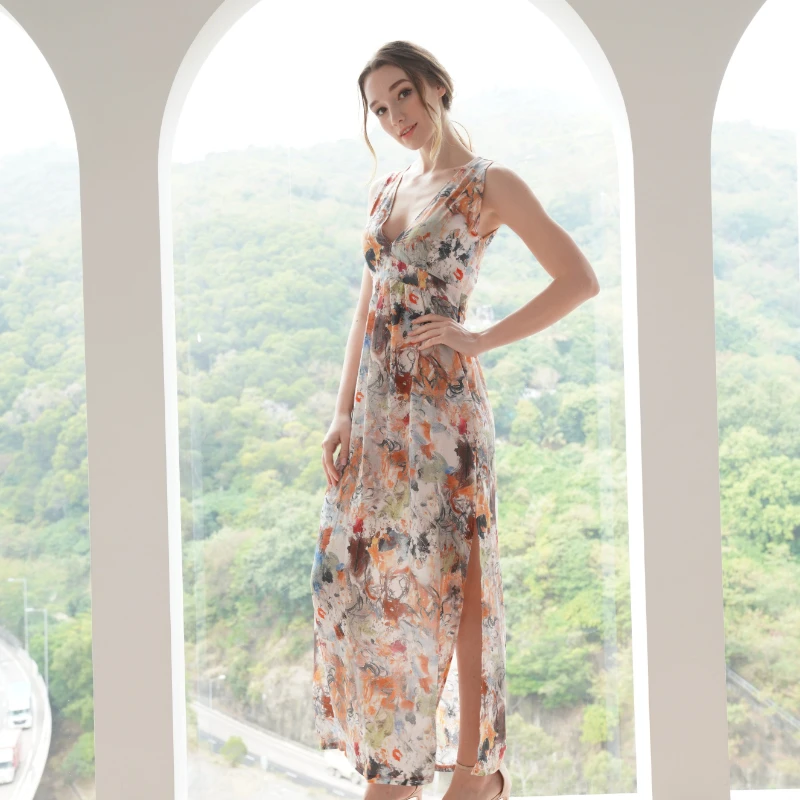 Ladies Autumn Beach Long Dress Sexy Side Split V Neck Printed Dress Party Cocktail Dress