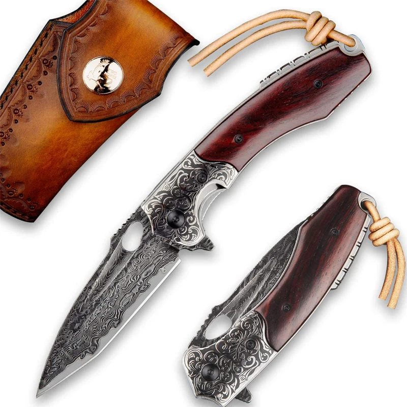 Складные ножи из розового дерева с кожаным футляром для выживания на природе кемпинга охоты