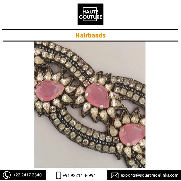 Opal Pink Stones Made Festive Wear Hand Embroidered Hairband Scallop Design Fashion Hairbands for Girls at Bulk Price