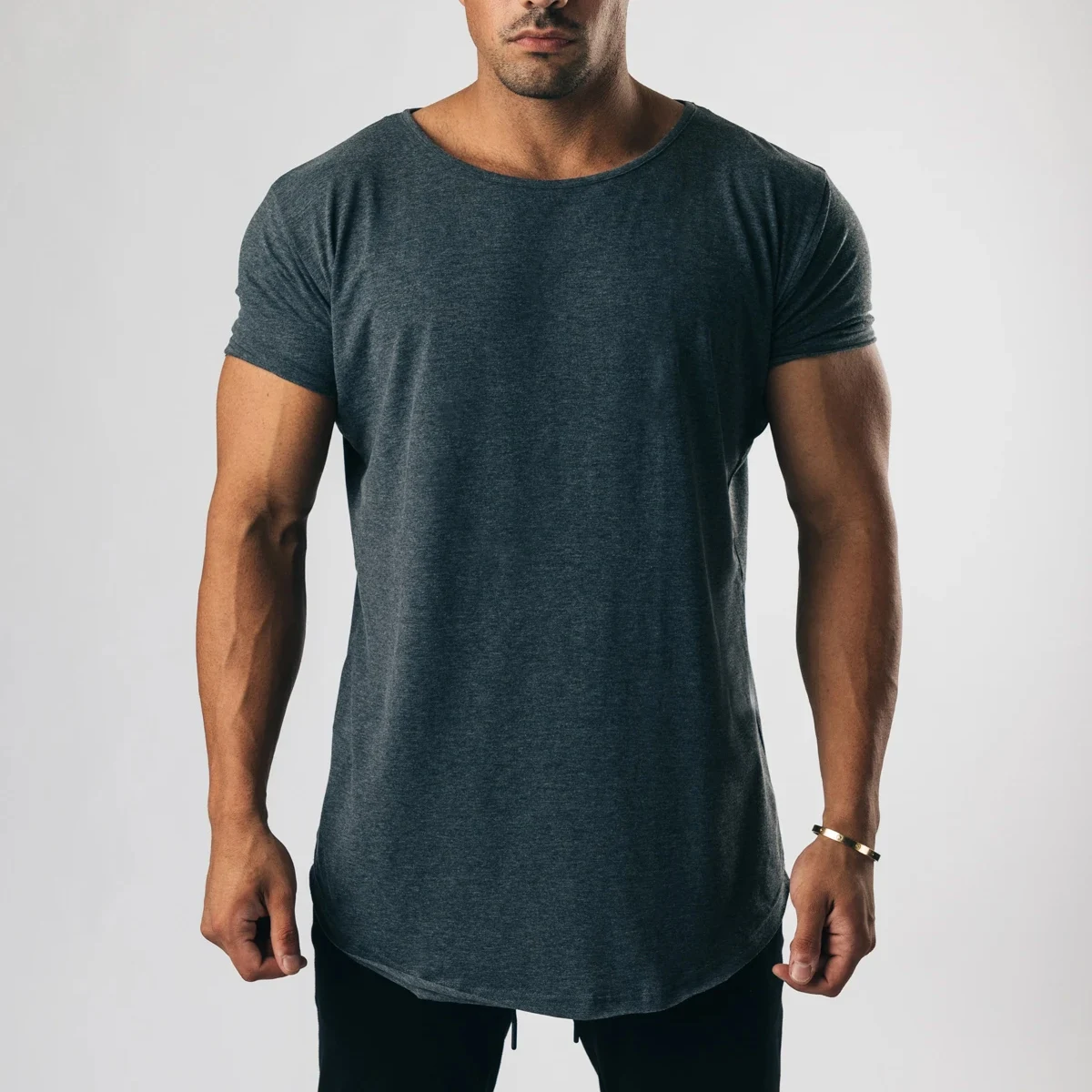 custom color gym shirt very heavy cotton Longline men oversized curved hem print tee whosale gym tshirt