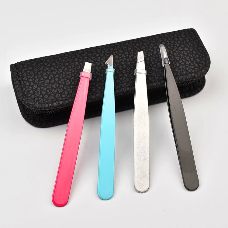 
Direct Factory 4 piece set Pointed Rounded Slanted SQUARED For eyebrow clip eyebrow trimming plucking tweezers with leather Case 