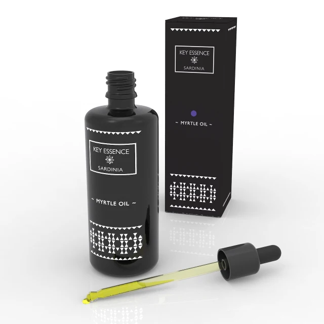 Finest Italian Cold-Extracted Sardinian Myrtle Oil in a black glass bottle of 100 ML with dropper