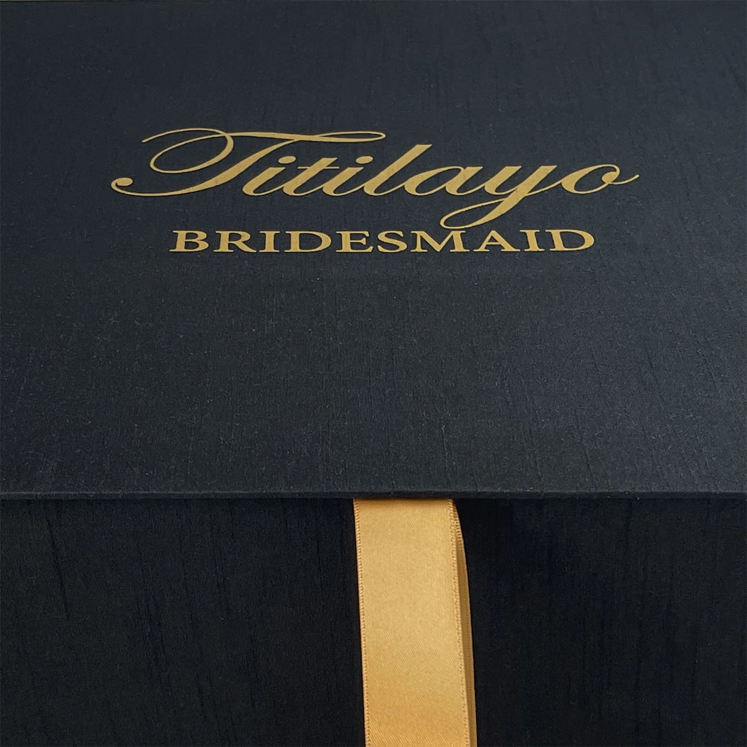 LARGE BLACK HINGED LID CUSTOM METALLIC GOLD PRINTED BRIDESMAID SILK GIFT BOXES