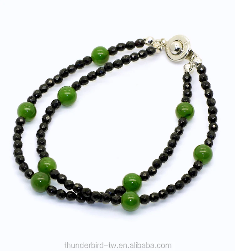 wholesale gemstone nephrite jade beads with black onyx faceted beads 2 rows jewelry bracelet