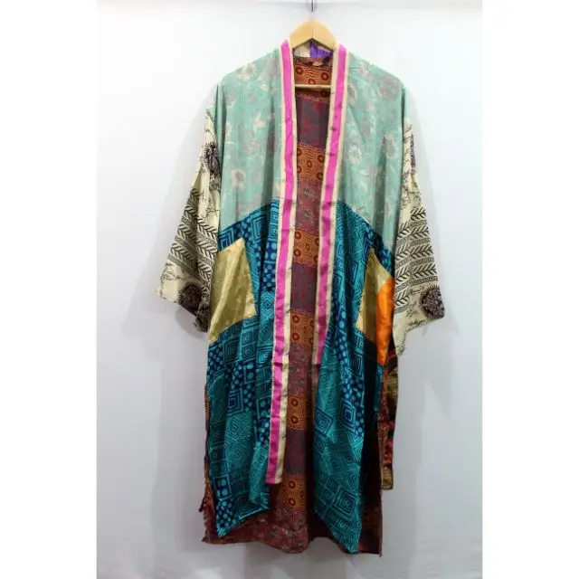 Wholesale Indian Bikini Cover Up Beachwear Bathrobe Vintage Pure Silk Sari Maxi Gown Kimono