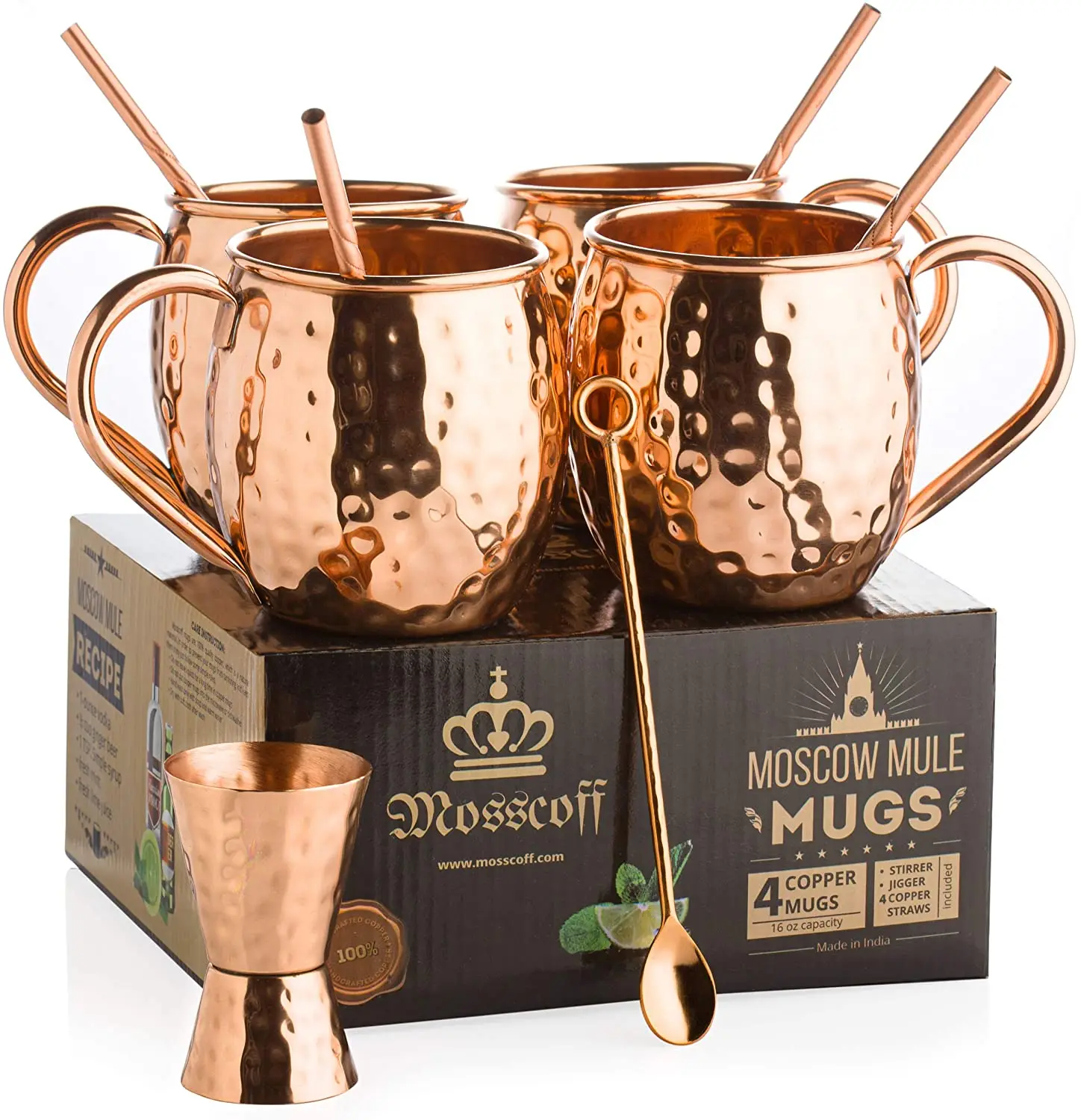 Moscow Mule Copper Mugs - Set of 4-100% Handcrafted Pure Solid Copper Mugs - 16 Oz Gift Set with Copper Straws, Jigger