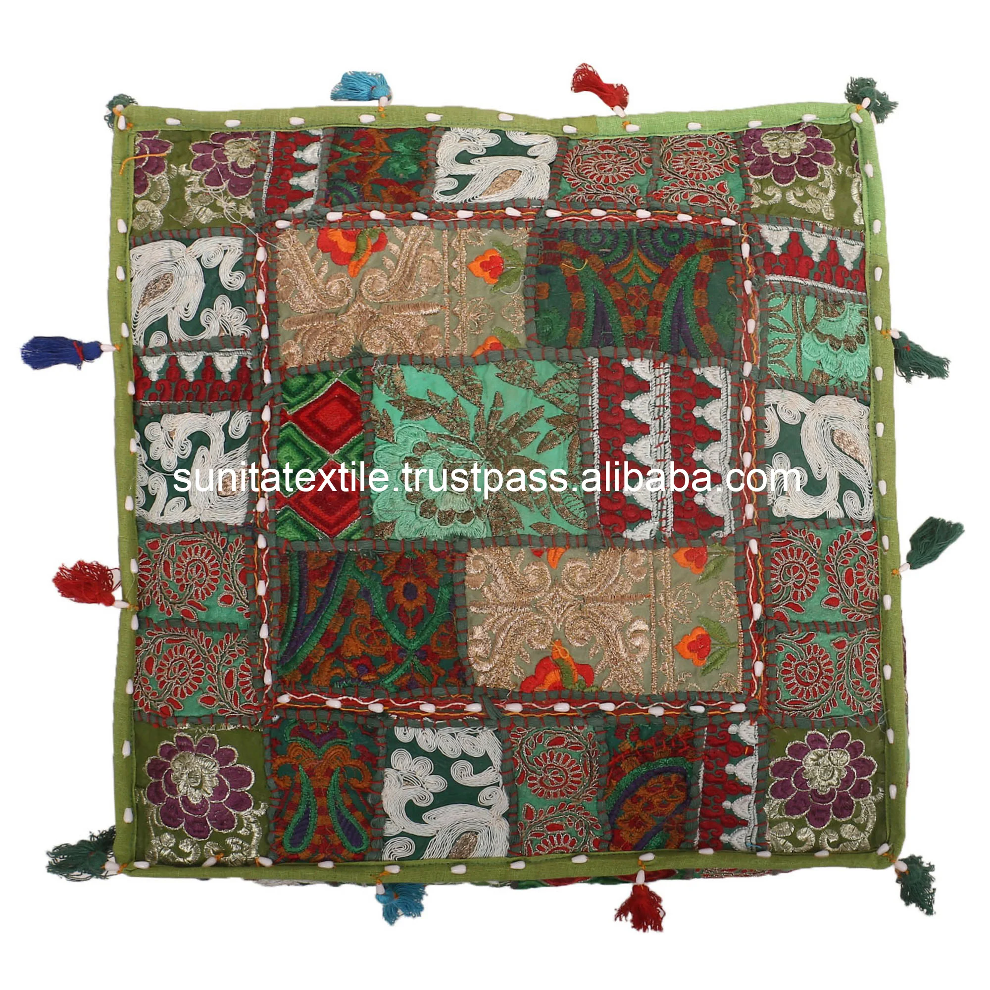 Indian Handmade Patchwork Outdoor Decorative Cushion Square Pillow 100% Cotton Embroidered Zafu Meditation Floor Pouf Dog Bed
