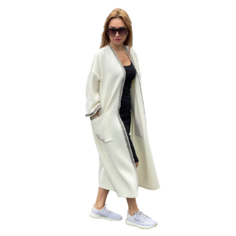 Женский длинный вязаный шерстяной кардиган с бахромой