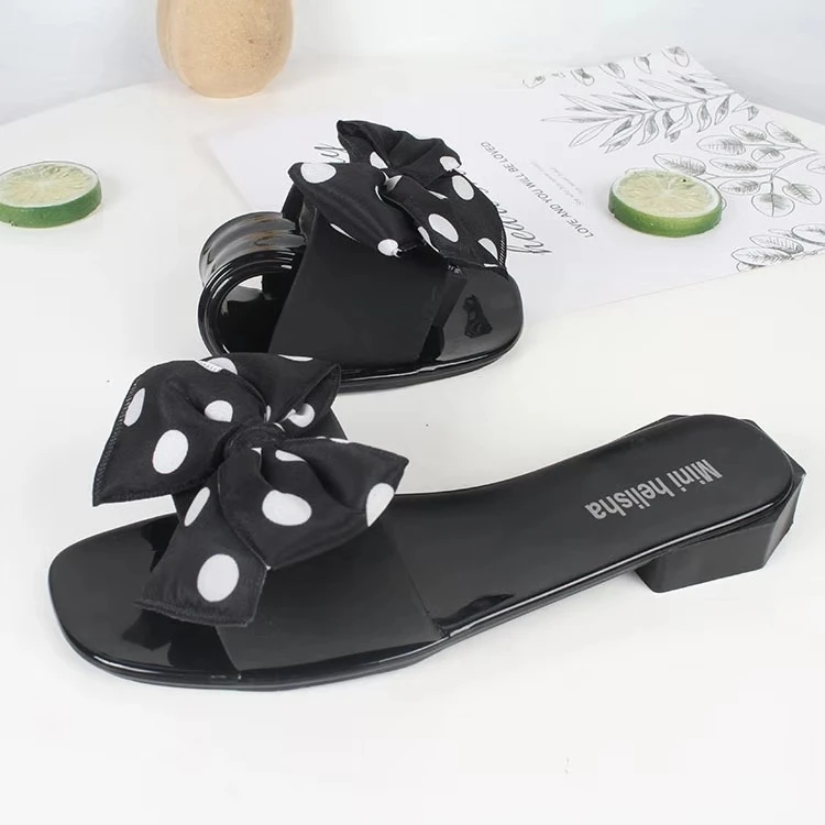 2020 hottest women polka dot bow flat slides with soft square heel