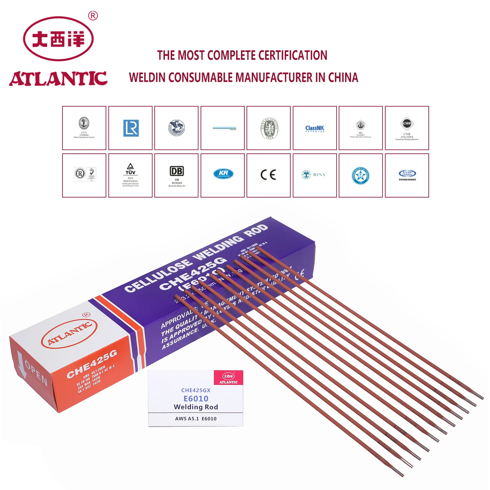 ATLANTIC 75 Years AWS A5.1CHE425GX E6010 Kinds Of Vertical-down Covered Mild Steels Welding Rods