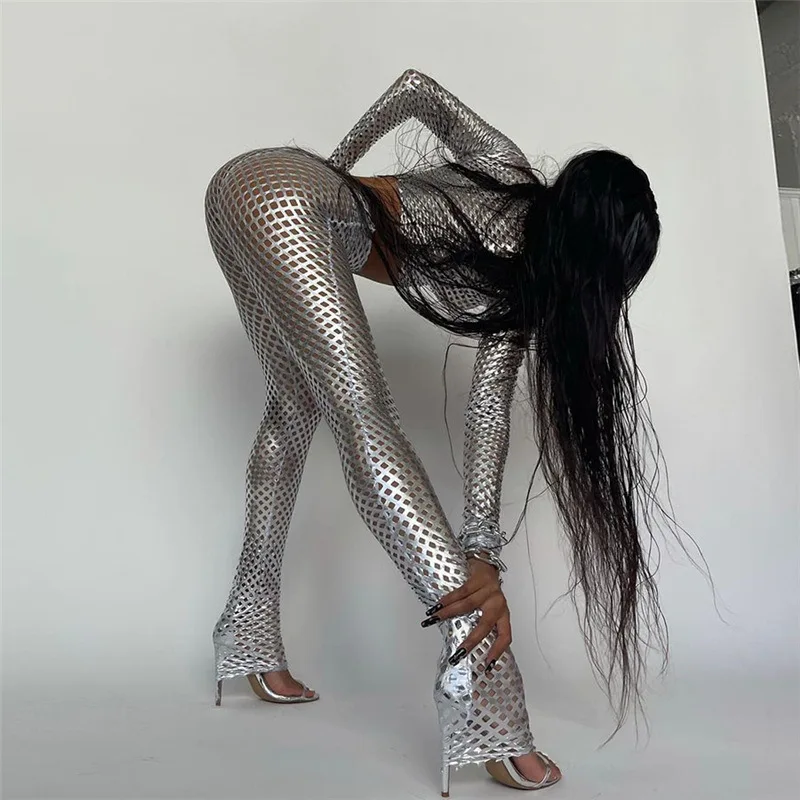 New Arrivals Nightclub Sexy Fall Women Clothes Sliver Long Sleeve Hollow Out Slim Pants Two Piece