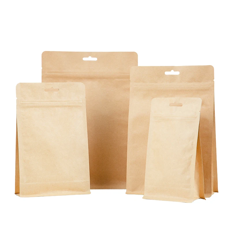 Flat Bottom Pouch Bag Brown Kraft Paper Quad-sealed Ziplock For Protein Powder
