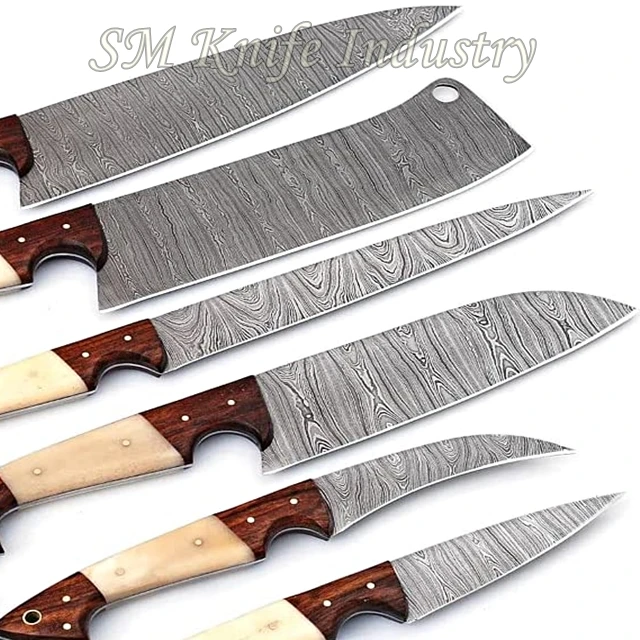 6 Pieces Hand Made Original steel Damascus Kitchen Chef Knives set with Chopping Cleaver (Smk2022)