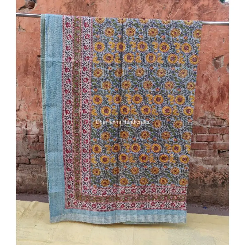 Разноцветное индийское Хлопковое одеяло Kantha с цветочным принтом ручной работы красивое цветочное покрывало оптовая продажа светло-зеленое