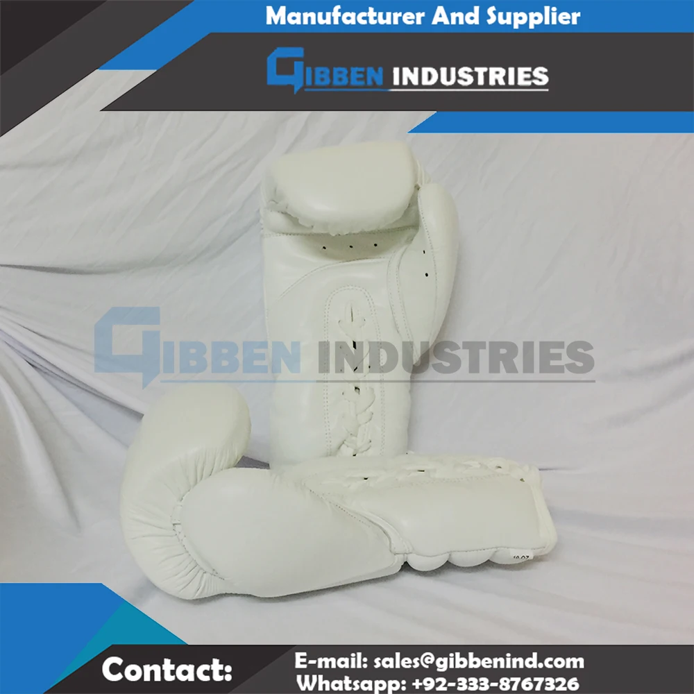 High Quality White Color Cowhide Leather Lace Up Boxing Gloves With Customized Logo Printing