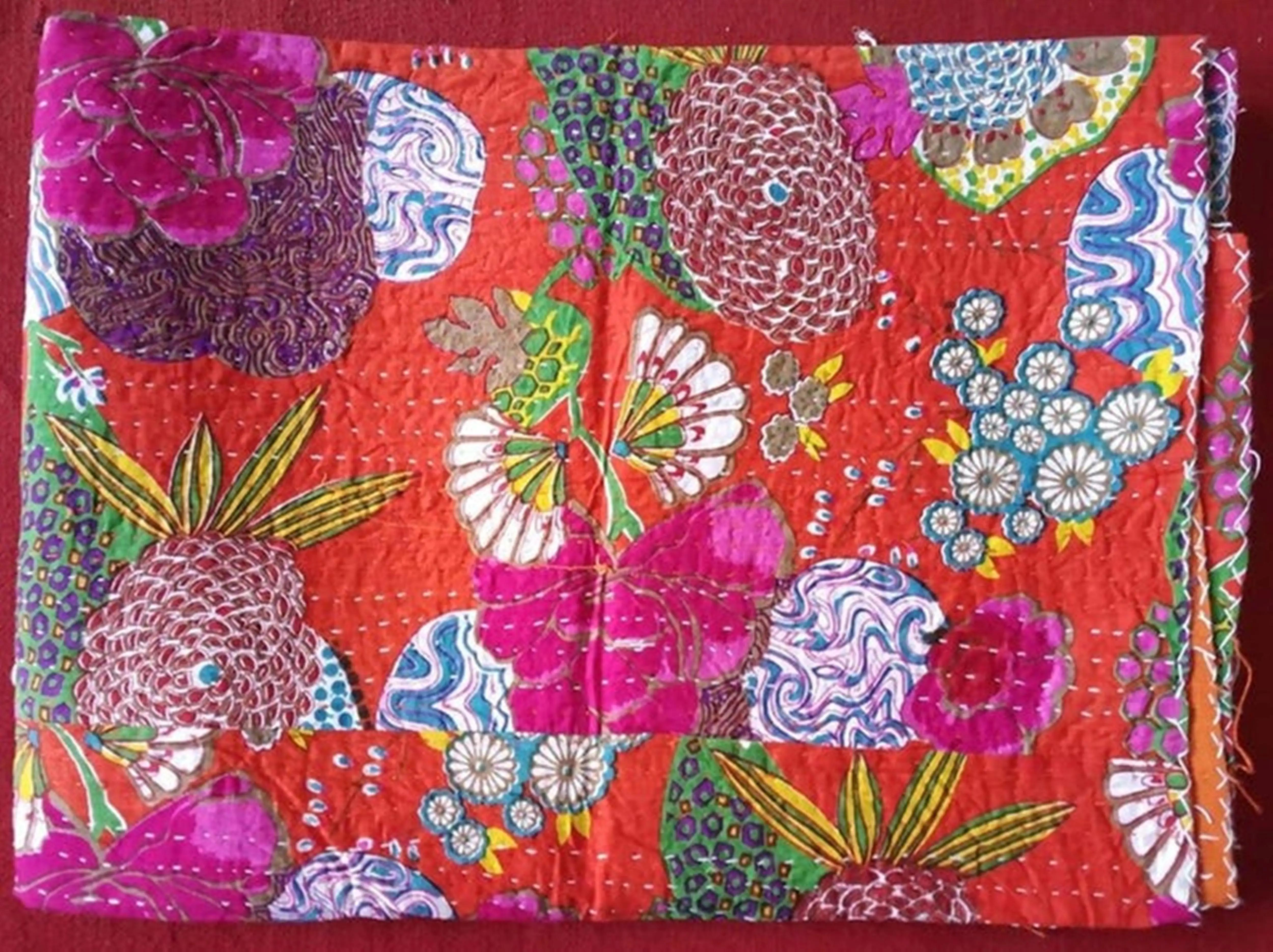 Indian Kantha Wholesale Lot Vintage Hand Made Indian Kantha Blanket Throw Quilt King Queen Home Bedroom Red Fruit Kantha Quilt
