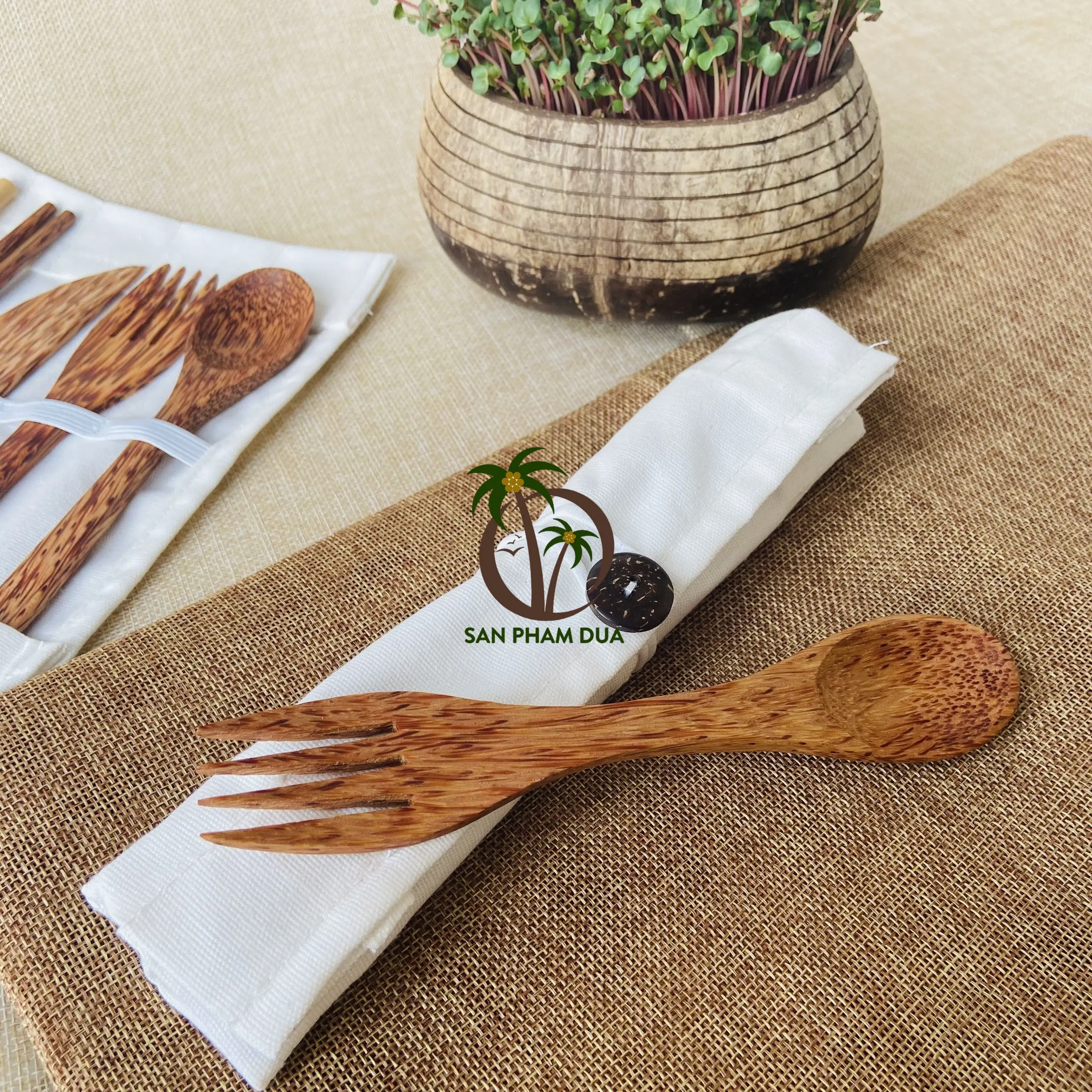 Coconut wood cutlery Coconut cutlery wood handle disposable wooden cutlery set/Wooden travel set/Stainless wooden cutlery