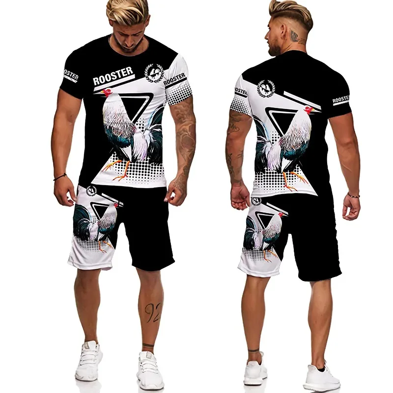 Men Tracksuit 2 Piece Set For Summer Short Sleeve Male Cool Chicken Cock 3D Print T-shirts And Shorts Casual Men Suit