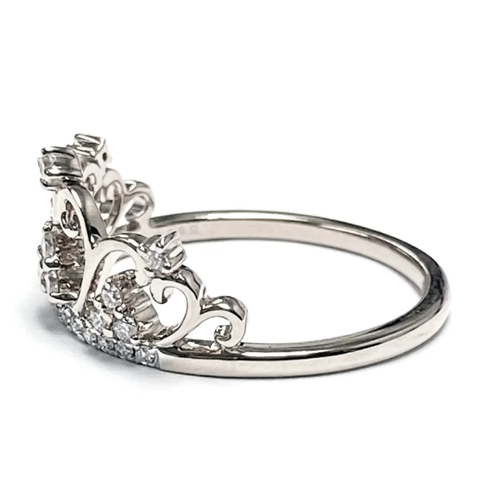 Hong Kong Supplier Elegant Queen Crown Bride Design New Jewelry 18k Solid White Gold Real Diamond Trendy Band Ring For Teen Girl