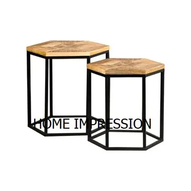 Wooden Top Moroccan Metal Nesting Designer Side Tables Black Stand Wooden Base Nesting Table