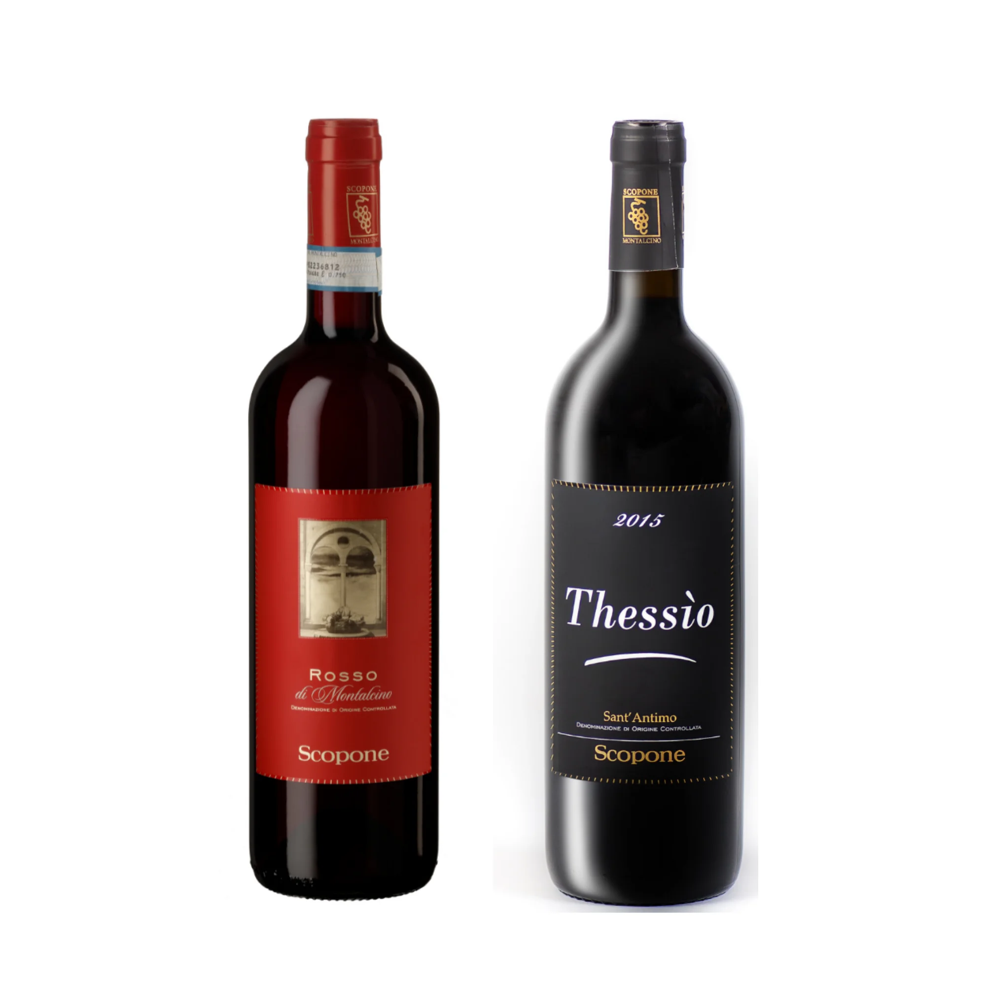 high quality two wine bottles set italian red wine thessio 2015 and rosso 2019 alcoholic beverage