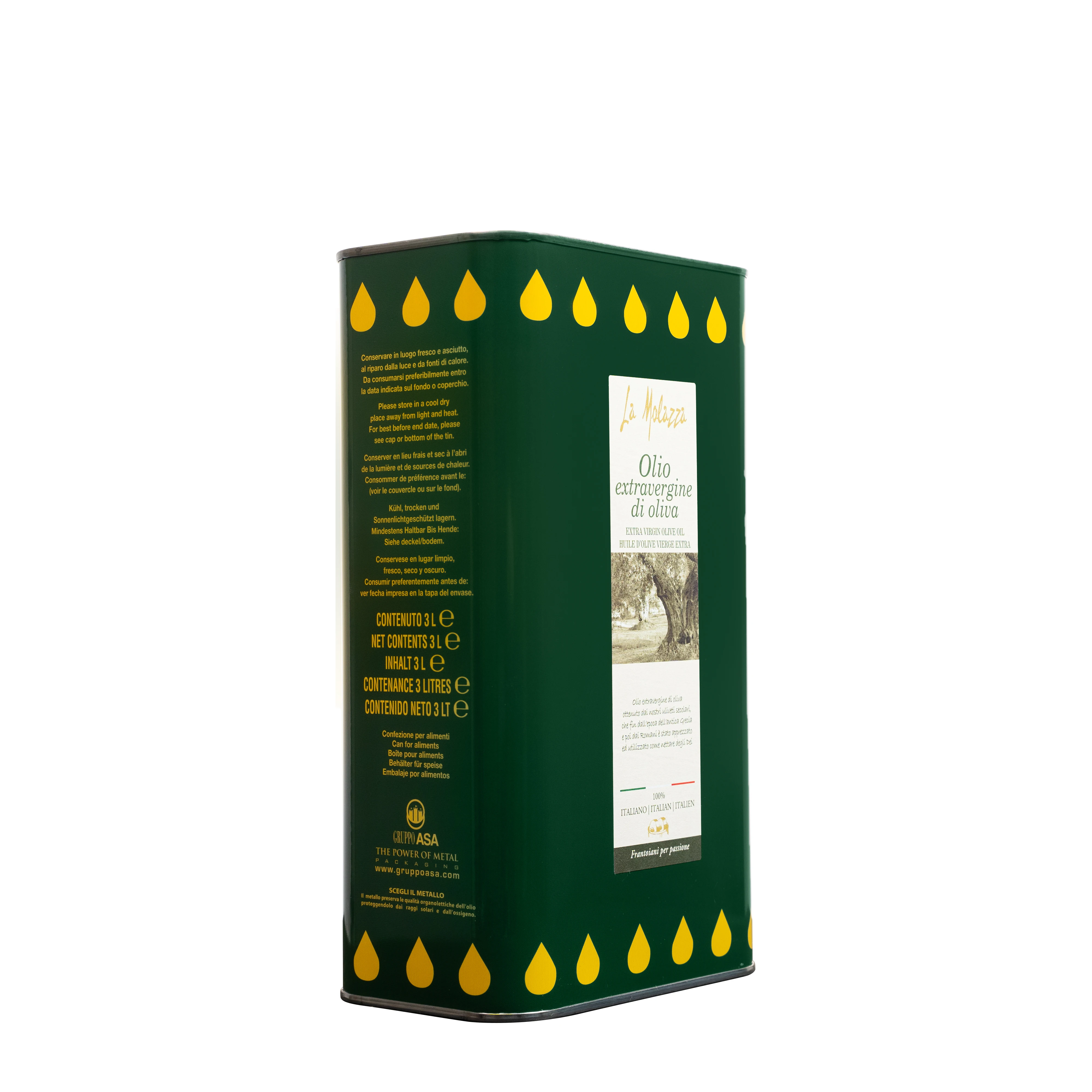 100% Italian Extra Virgin Olive Oil in 3L metal can ideal for use in the kitchen with a characteristic flavor