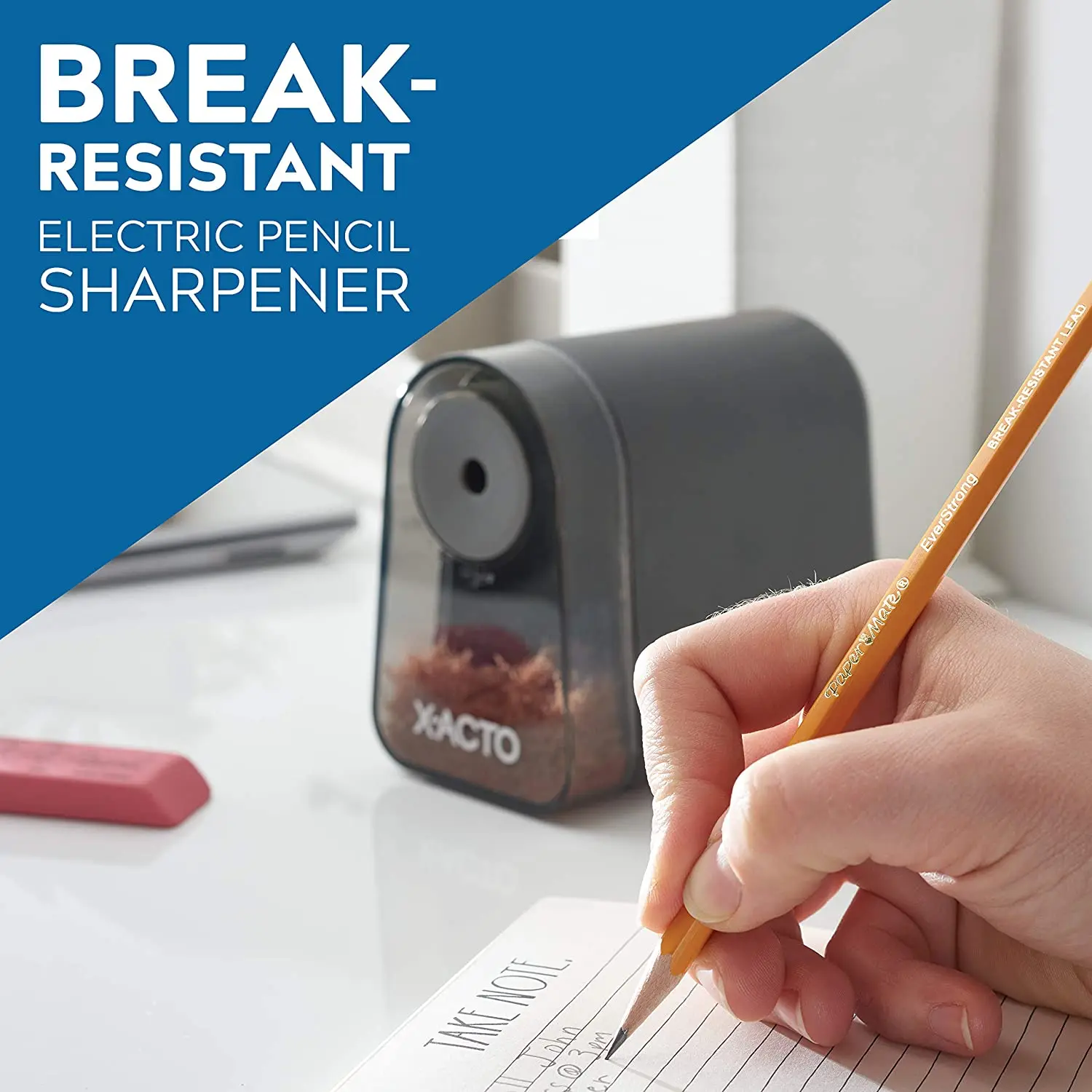 Electric Sharpener Unique Design With Pencil Saver feature prevents oversharpening, Black
