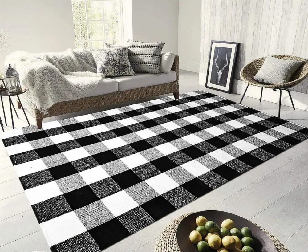 Large Runner Carpet Black and White Cotton Hand Woven Check Buffalo Plaid Checkered Area Rug