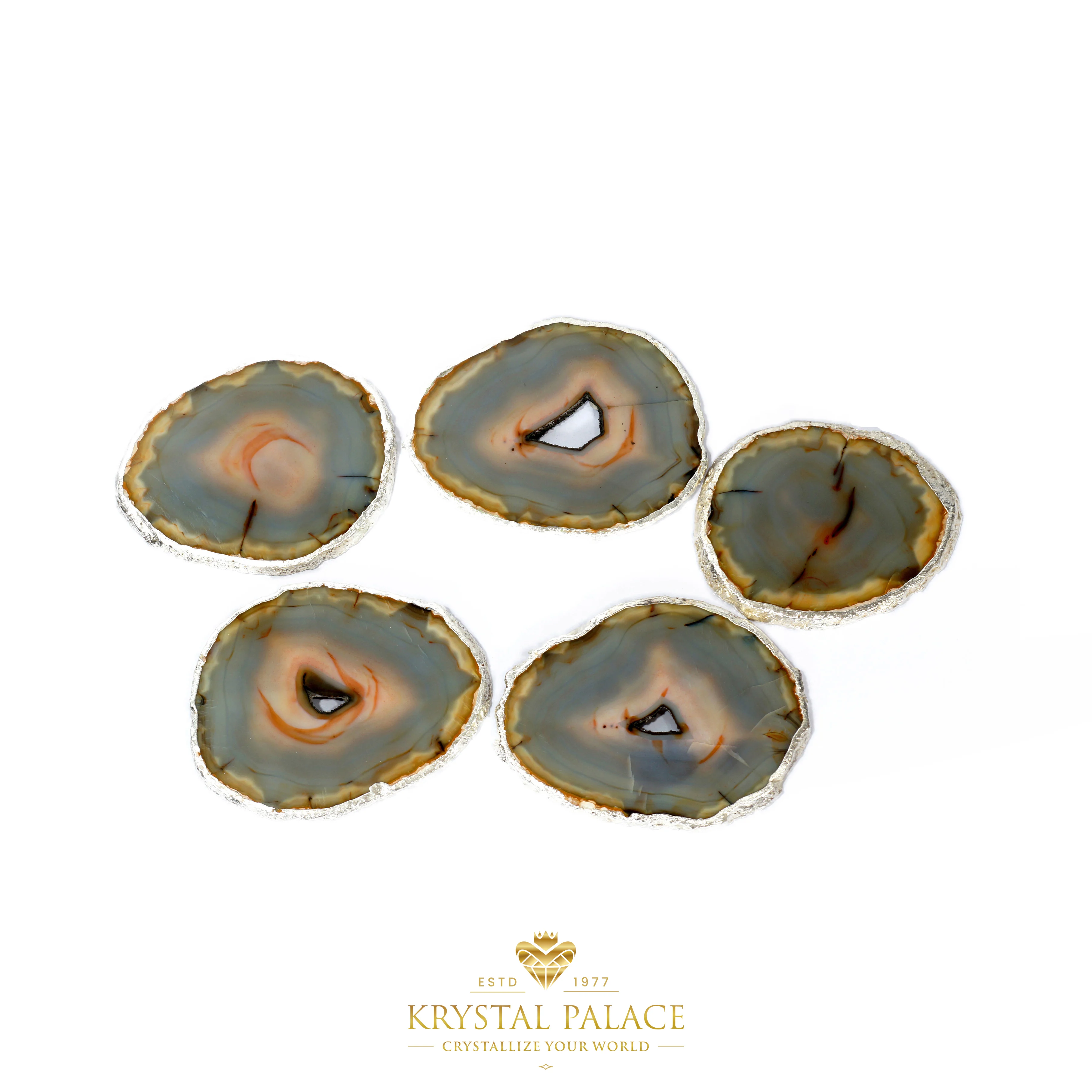 BROWN ONYX AGATE WITH DRUZY COASTERS SLICES | CRYSTAL AGATE PLATES WITH SILVER & GOLD PLATING BY KRYSTALPALACE