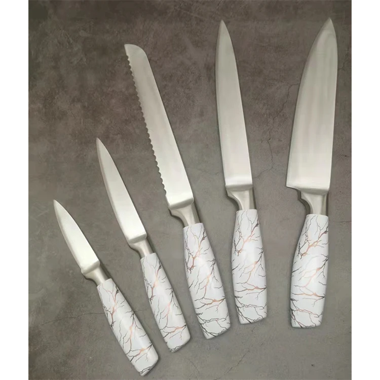 Fashion marble design hollow handle kitchen knife set in acrylic holder high quality chef knife sharpener shears extra sharp