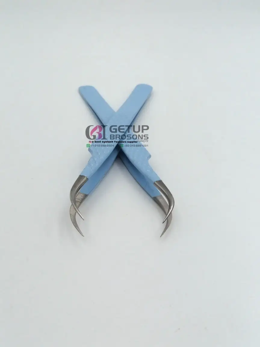 High Quality Best Design Curved Sky Blue Powder Coating Diamond Grip Eyelash Extension Tweezer Stainless Steel Beauty Instrument