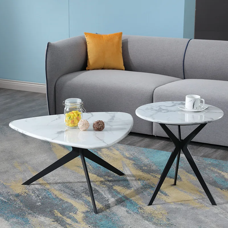 Contemporary Living Room Modern Light Gray Black Metal Fixed Top Table Marble Coffee Table