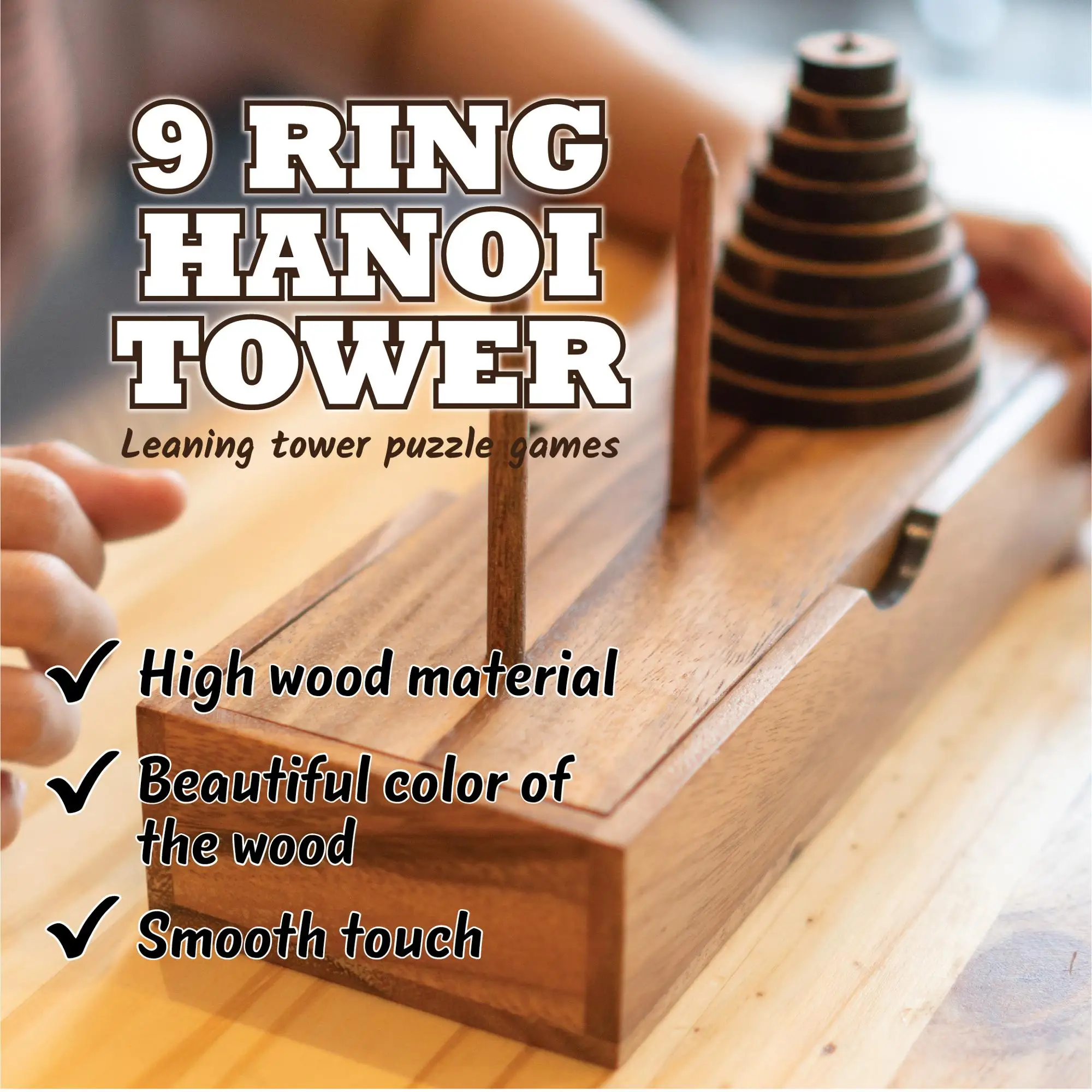 Hanoi Tower (9 rings) Puzzle Coffee Corner Decor Table for Adults and Kids Brain Teaser of the Educational Mind Challenges