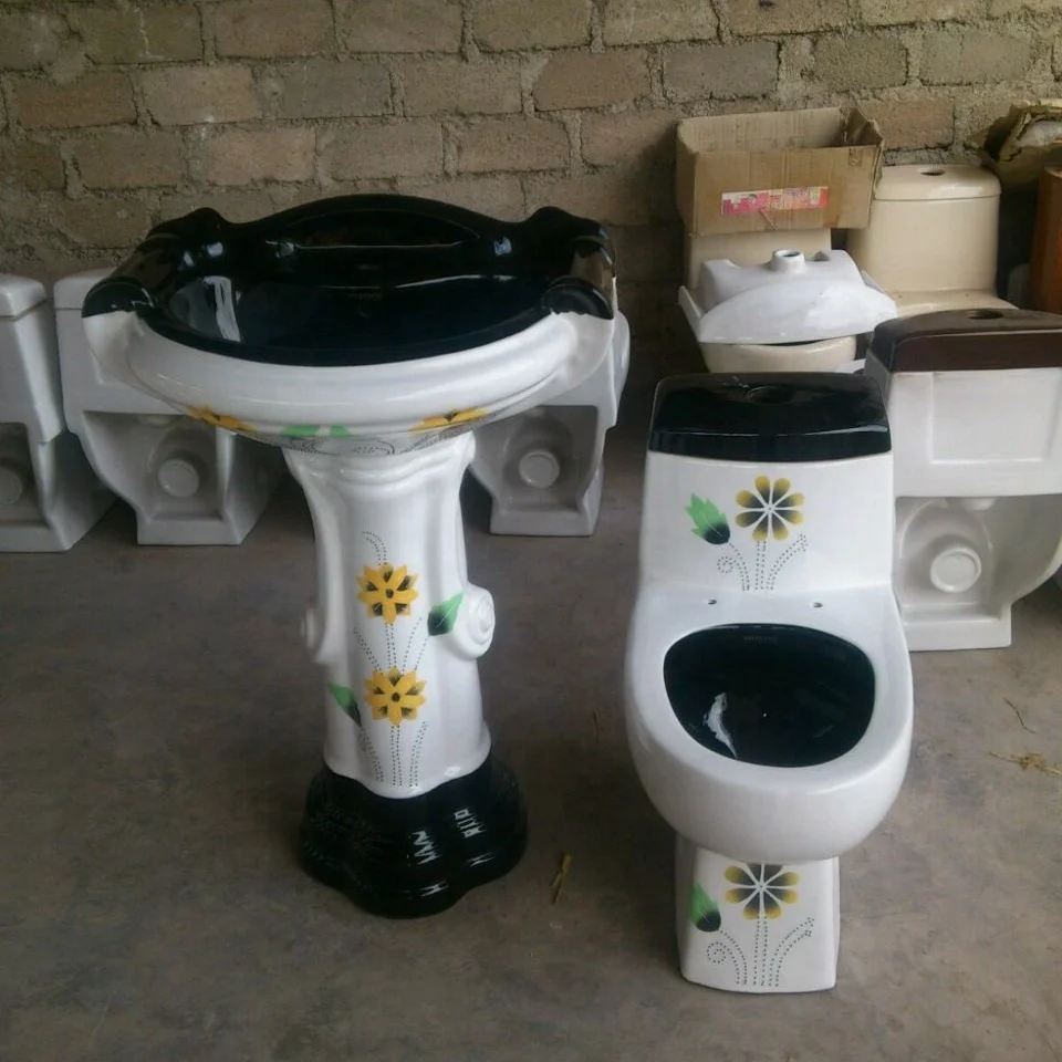 Hot Black Color High Quality Bathroom Suit Ceramic One Piece Toilet Commode with Pedestal Wash basin in Porcelain Product
