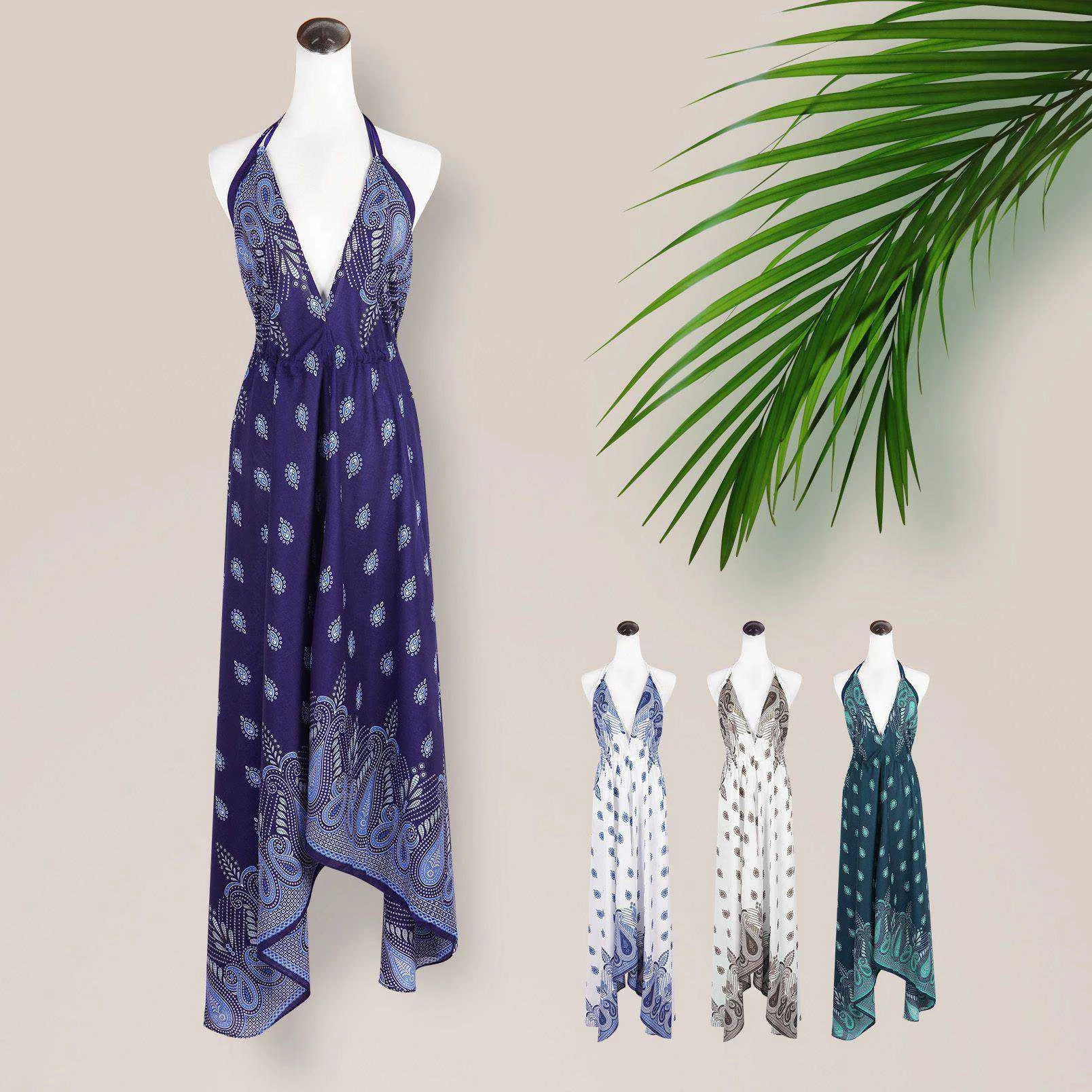 Summer Holiday V-Neck Peacock Print Long Beach Dress Loose boho  Sexy Spaghetti Strap Backless Maxi Casual dress