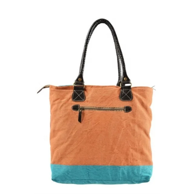 Eco friendly fashion custom printed logo Shopping Bag Orange Canvas beach tote bag with leather handle