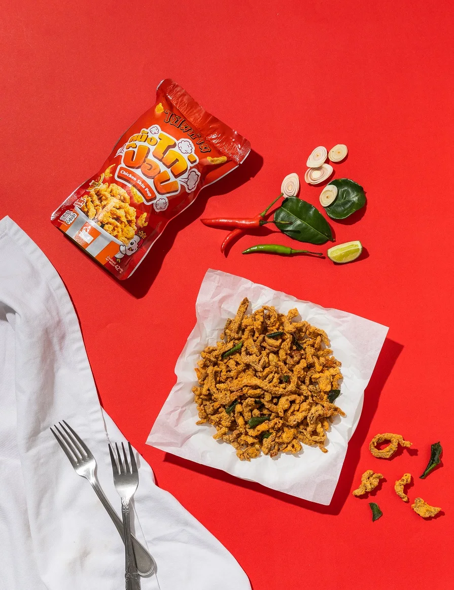 Poygai Crispy Fried Chicken Skin Pop Tom Yum Flavor 42 g. Premium Quality from Thailand for 100% Export Best Selling